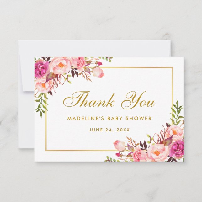 Pink Blush Gold Floral Baby Shower Thanks Thank You Card (Front)