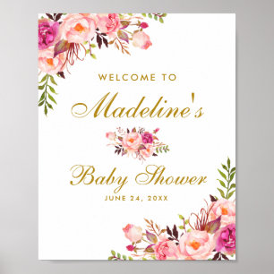 Pink Blush Gold Floral Baby Shower Welcome Poster