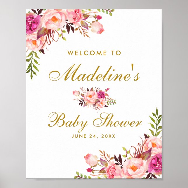 Pink Blush Gold Floral Baby Shower Welcome Poster (Front)