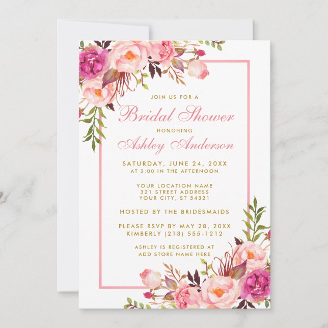 Pink Blush Gold Floral Bridal Shower Invitation PS (Front)