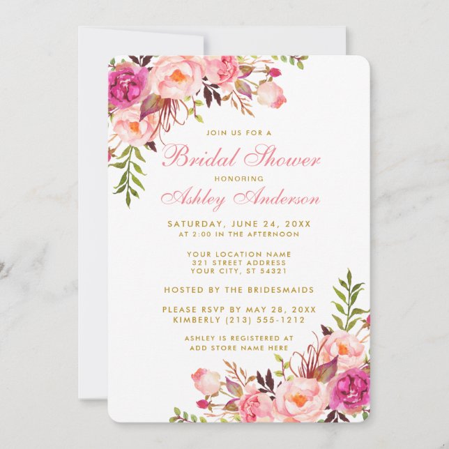 Pink Blush Gold Floral Bridal Shower Invitation RP (Front)