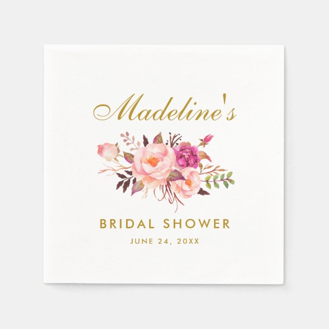 Pink Blush Gold Floral Bridal Shower Napkin (Front)