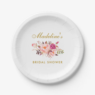 Pink Blush Gold Floral Bridal Shower Paper Plate