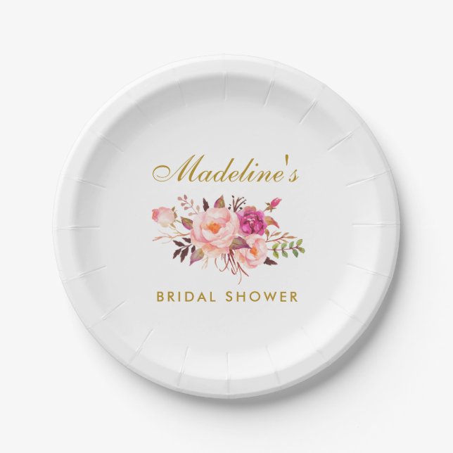 Pink Blush Gold Floral Bridal Shower Paper Plate (Front)