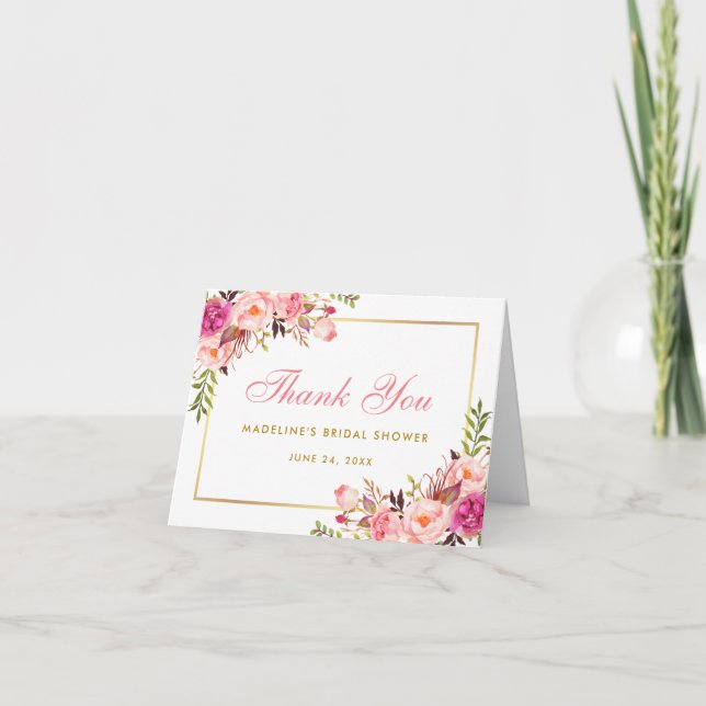 Pink Blush Gold Floral Bridal Shower Thanks Note P Thank You Card (Front)