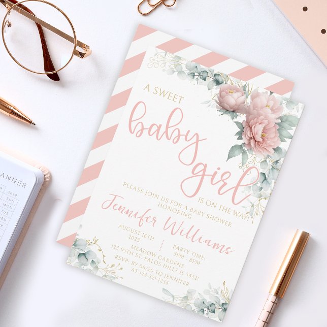 Pink blush gold floral girl baby shower invitation (Creator Uploaded)