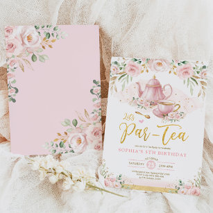 Pink Blush Gold Floral Girls Birthday Tea Party Invitation