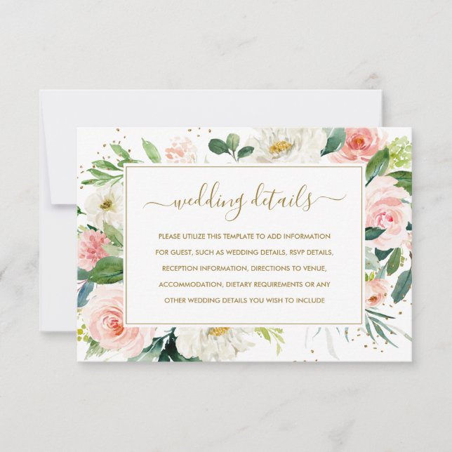 Pink Blush Gold Floral Gold Wedding Details Card (Front)