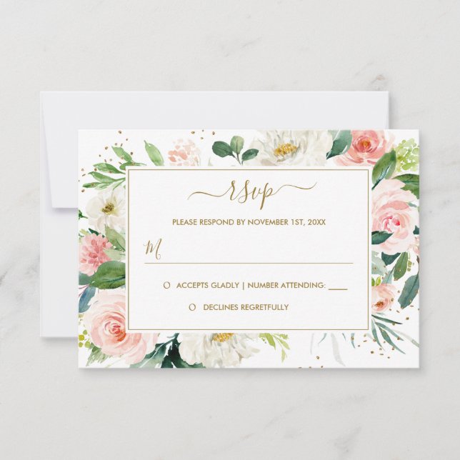 Pink Blush Gold Floral Gold Wedding RSVP Card (Front)