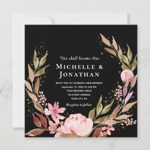 Pink Blush Gold Floral on Black Christian Wedding Invitation