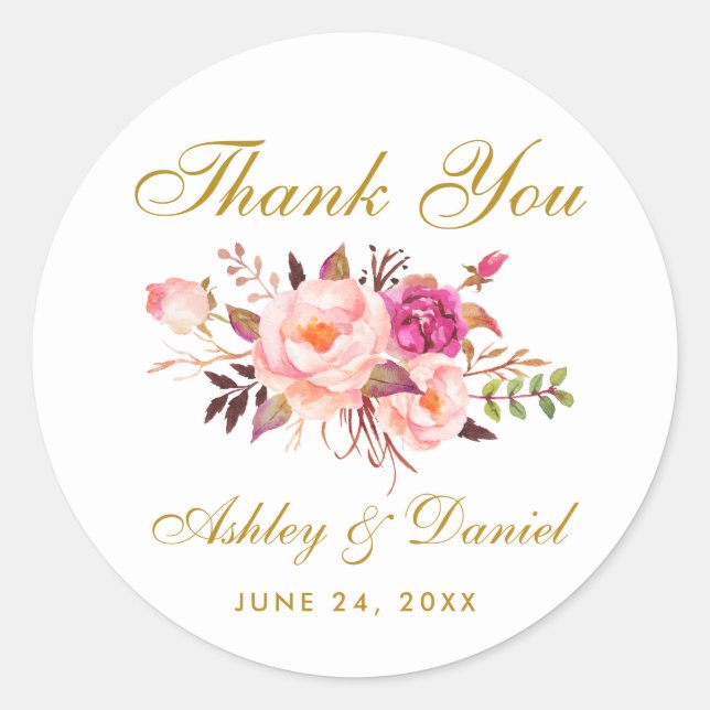 Pink Blush Gold Floral Wedding Thank You Classic Round Sticker (Front)