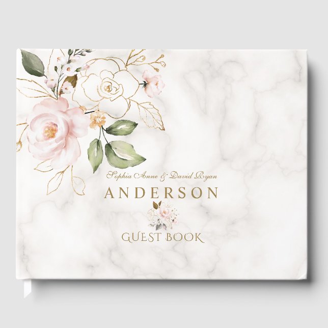 Pink Blush Gold Flowers Marble Monogram Wedding Guest Book (Front)