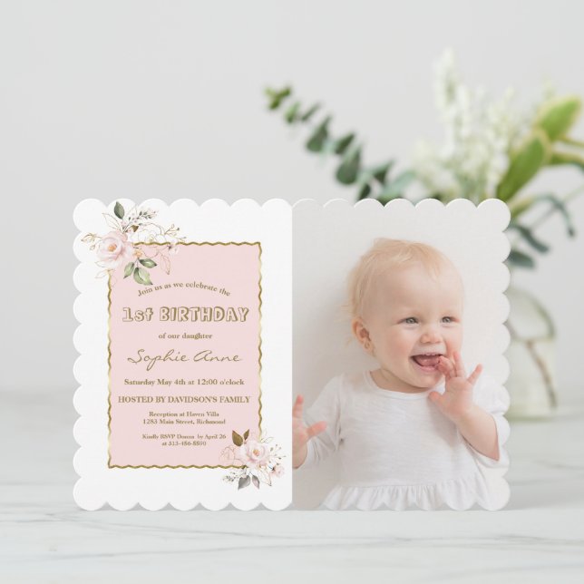 Pink Blush Gold Flowers Photo Girl 1st Birthday In Invitation (Standing Front)