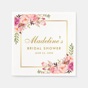 Pink Blush Gold Frame Floral Bridal Shower Napkin