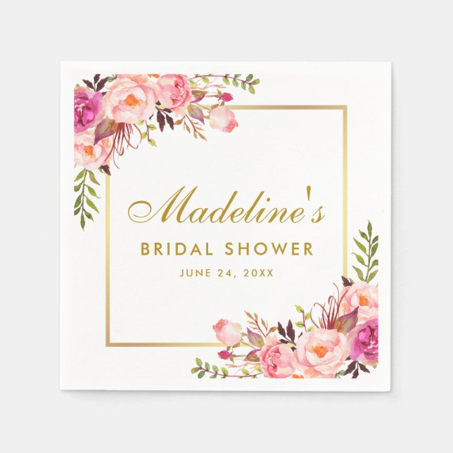Pink Blush Gold Frame Floral Bridal Shower Napkin (Front)