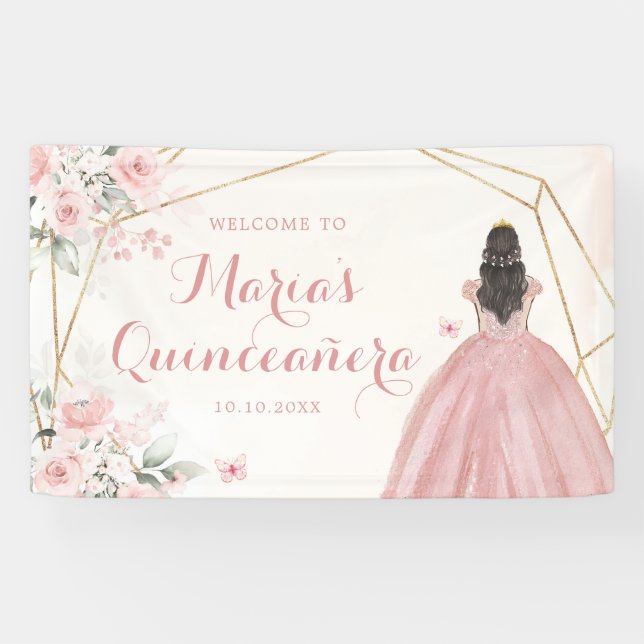Pink Blush Gold Geometric Floral Quinceañera Large Banner (Horizontal)