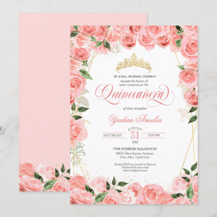 Pink Blush & Gold Glam Roses Elegant Quinceanera Invitation