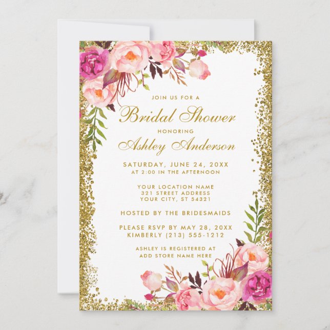 Pink Blush Gold Glitter Floral Bridal Shower Invitation (Front)