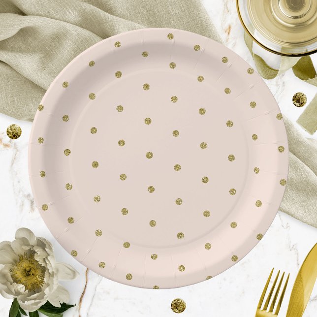 Pink Blush Gold Glitter Polka Dot Pattern  Paper Plate (Creator Uploaded)