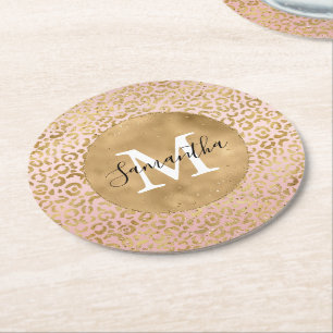 Pink Blush Gold Leopard Print Glitz Sparkle        Round Paper Coaster