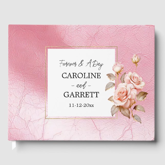 Pink Blush Gold Roses Faux Leather Wedding Guest Book (Front)