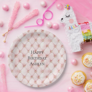 Pink Blush Gold Tufts Birthday Paper Plate