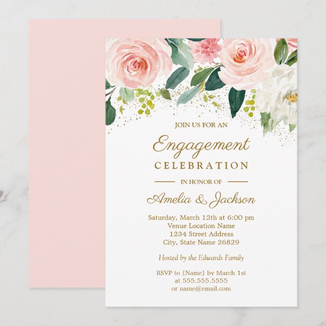 Pink Blush Gold Watercolor Floral Engagement Party Invitation (Front/Back)