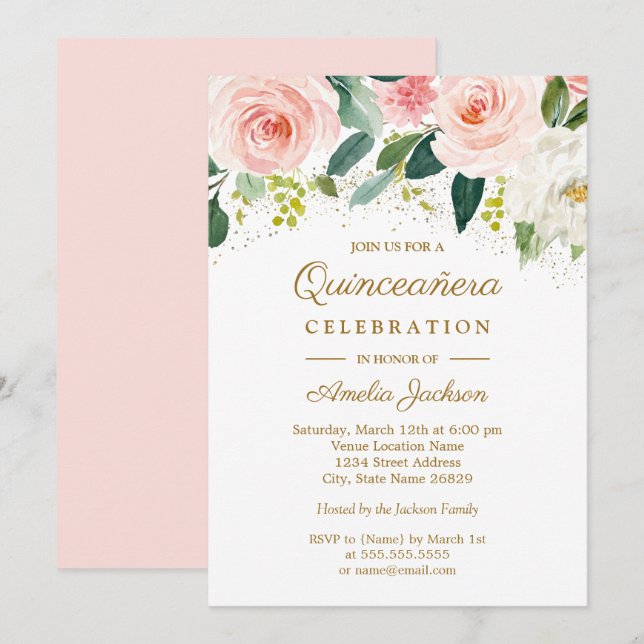 Pink Blush Gold Watercolor Floral Quinceanera Invitation (Front/Back)