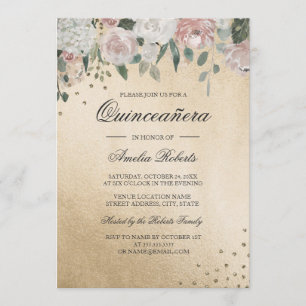 Pink Blush Gold Watercolor Floral Quinceanera Invitation