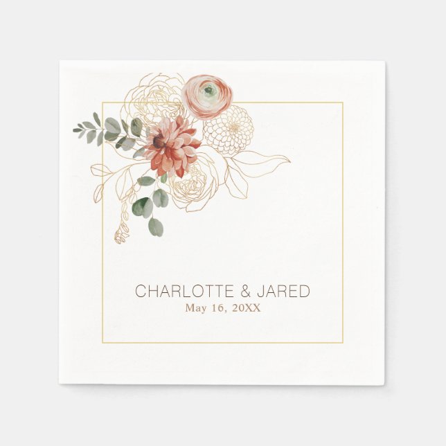 Pink Blush & Gold Watercolor Floral Wedding Napkin (Front)