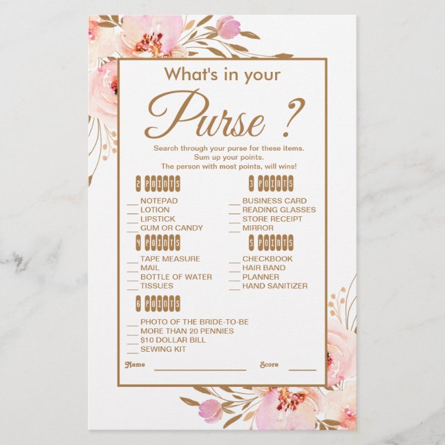 Pink Blush Gold Watercolor Rose Bridal Shower Game (Front)