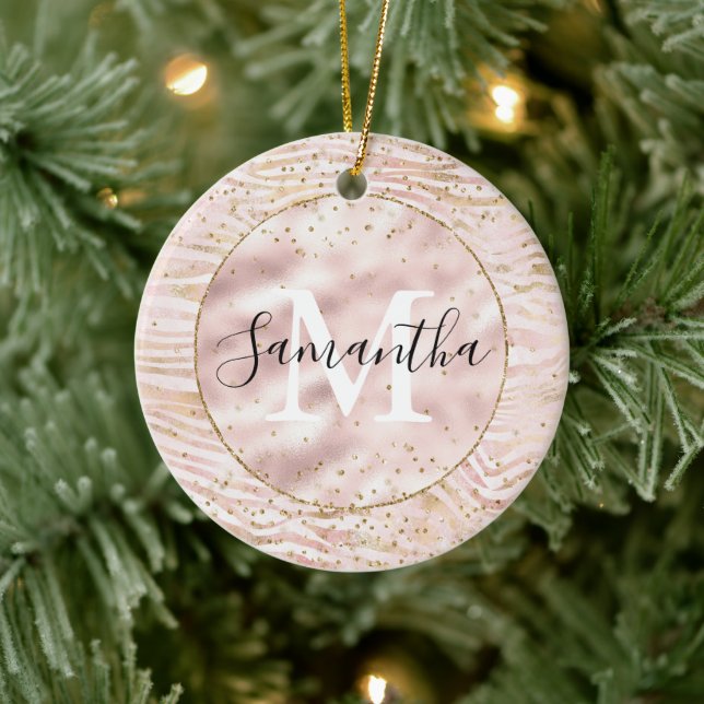 Pink Blush Gold Zebra Print Glitz Monogram Ceramic Tree Decoration (Tree)