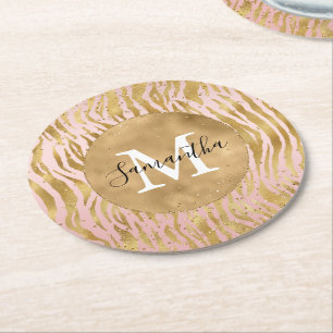 Pink Blush Gold Zebra Print Glitz Sparkle    Round Paper Coaster
