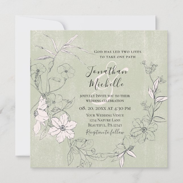 Pink Blush Green Floral Garden Christian Wedding Invitation (Front)