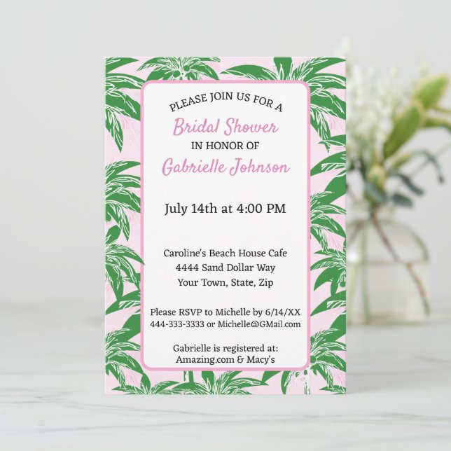 Pink Blush Green Palm Tree Summer Shower Party Invitation (Standing Front)