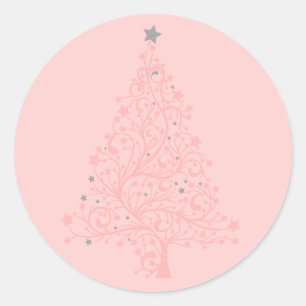 Pink blush grey accent Christmas tree stylish Classic Round Sticker