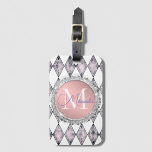 Pink Blush Harlequin Glitter Monogram Personalised Luggage Tag