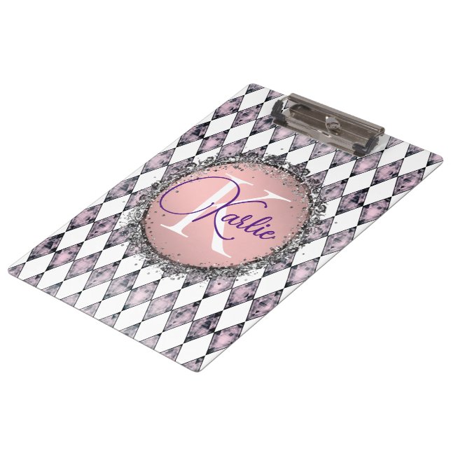 Pink Blush Harlequin Monogram Clipboard (Angled)