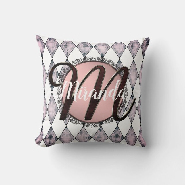 Pink Blush Harlequin Monogram Cushion (Front)