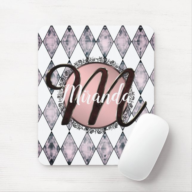 Pink Blush Harlequin Monogram Mouse Mat (With Mouse)