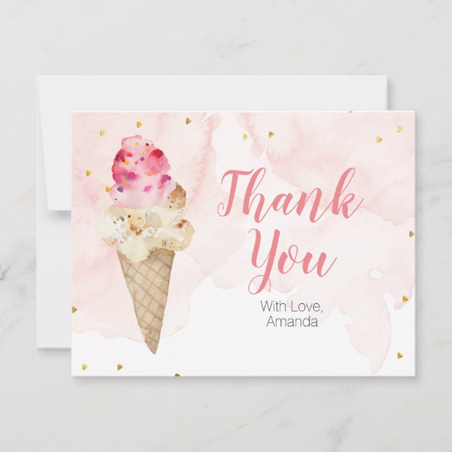 Pink Blush ice cream Bridal Shower Gold Glitter Thank You Card (Front)