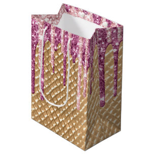 Pink Blush Ice Cream Cone Glitter Drips  Medium Gift Bag