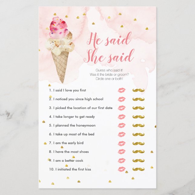 Pink Blush Ice Cream He said She said Game Card (Front)