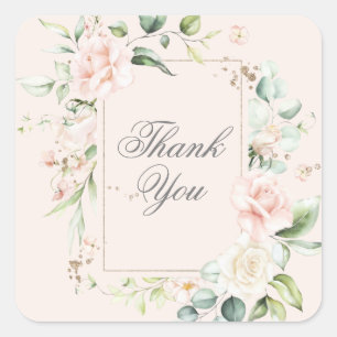 Pink Blush Ivory Floral Thank You Square Sticker