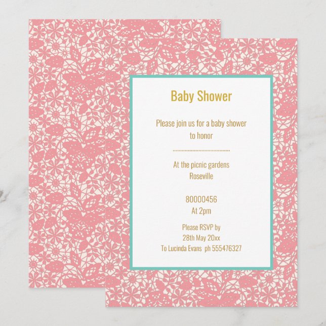 PINK BLUSH LACE BLUE BORDER BABY SHOWER INVITATION (Front/Back)