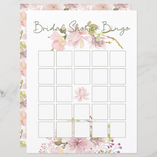 Pink Blush Magnolia Floral Bridal Shower Bingo (Front/Back)