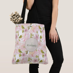 Pink Blush Magnolia Floral Initial Monogram Tote Bag