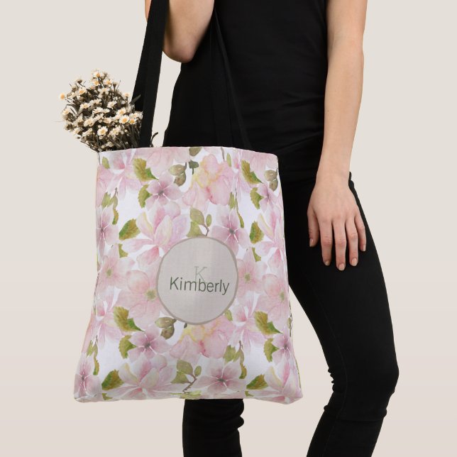 Pink Blush Magnolia Floral Initial Monogram Tote Bag (Close Up)