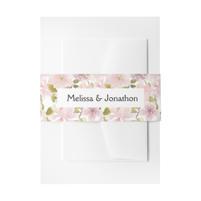 Pink Blush Magnolia Floral Wedding  Invitation Belly Band (Front Example)