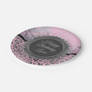 Pink Blush Marble Glittery Leopard Birthday Paper Plate